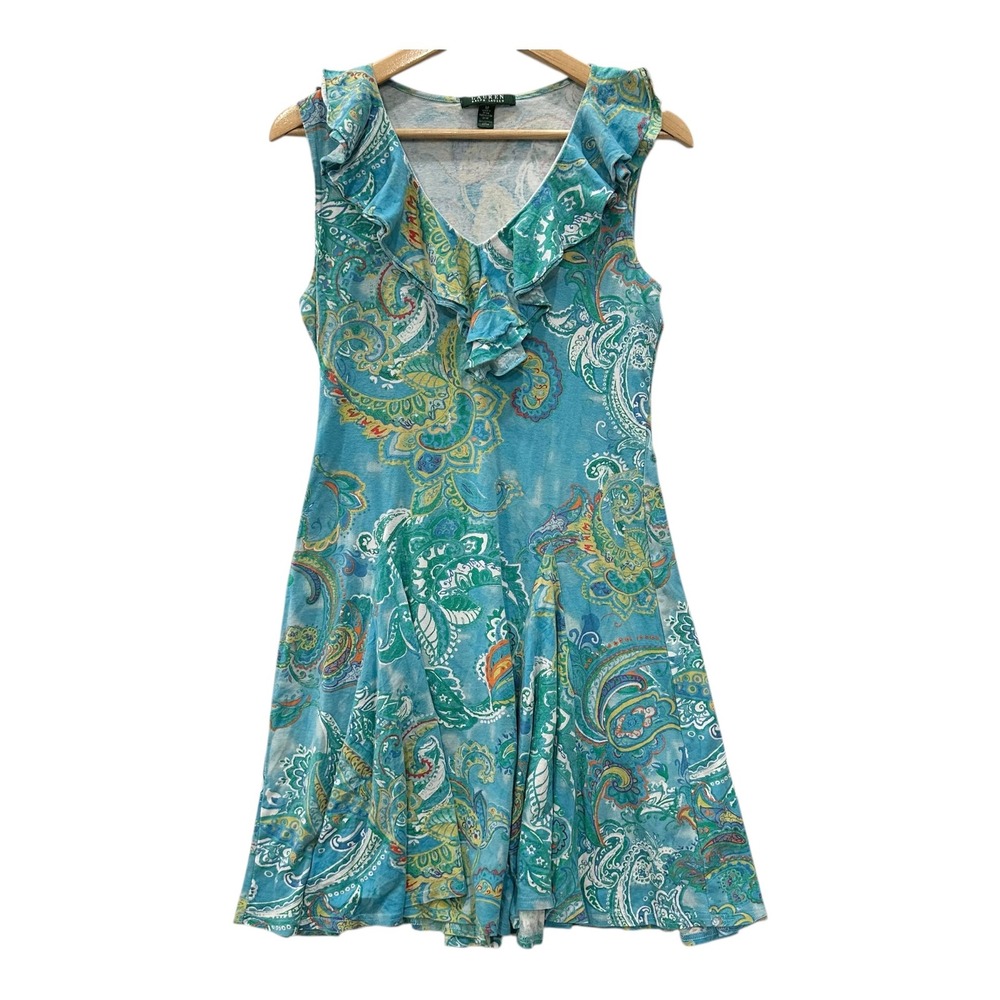 Lauren Ralph Lauren Teal Paisley Ruffle V-Neck Cotton Sleeveless Dress Womens M